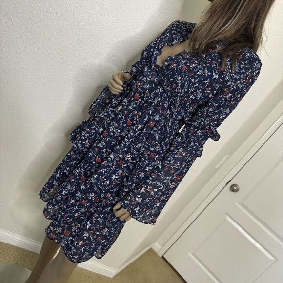 Walter Baker Dress Size 2 Blue Floral Print Diana Tiered Ruffle Layered Nautical - Picture 7 of 14